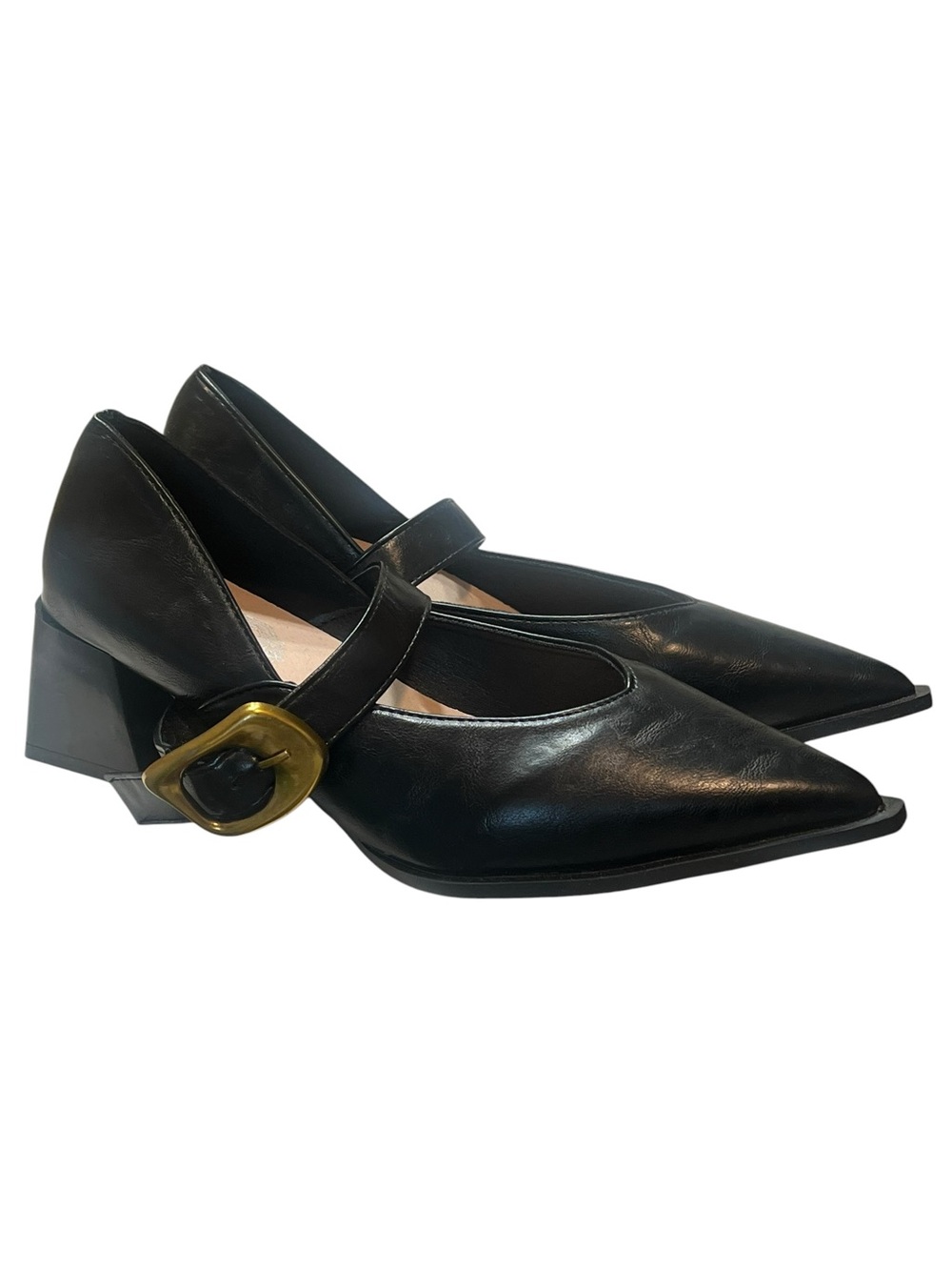 Black Leather Pointed Mary Jane Heels with Gold Buckle